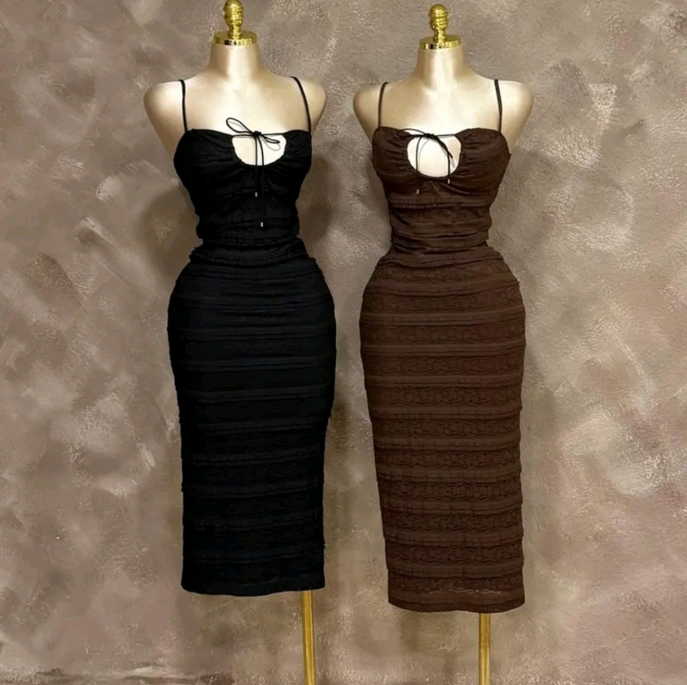 BLACK ONLY- Slim Fit Spaghetti Strap Midi Dress in Black With Keyhole Tie